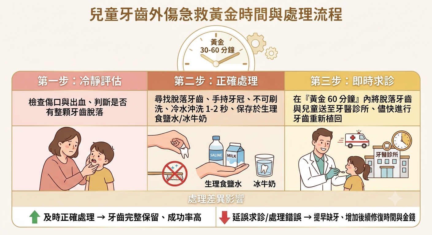 時鐘搭配兒童牙齒創傷急救流程示意圖，標示黃金 30–60 分鐘。